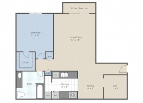 Floor plan for 1 bed, 1 bath, 925 sqft